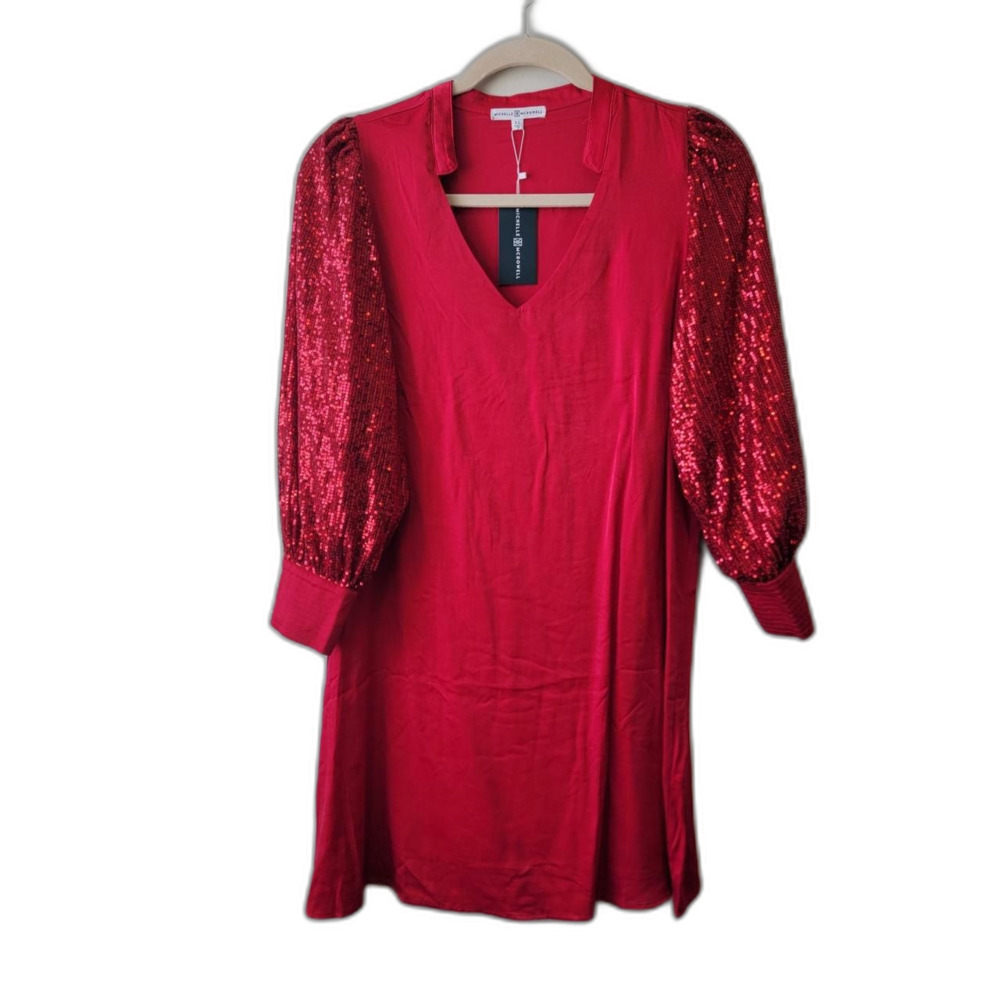 Michelle McDowell Red Sequin Puff Sleeve Dress Size XL Cocktail